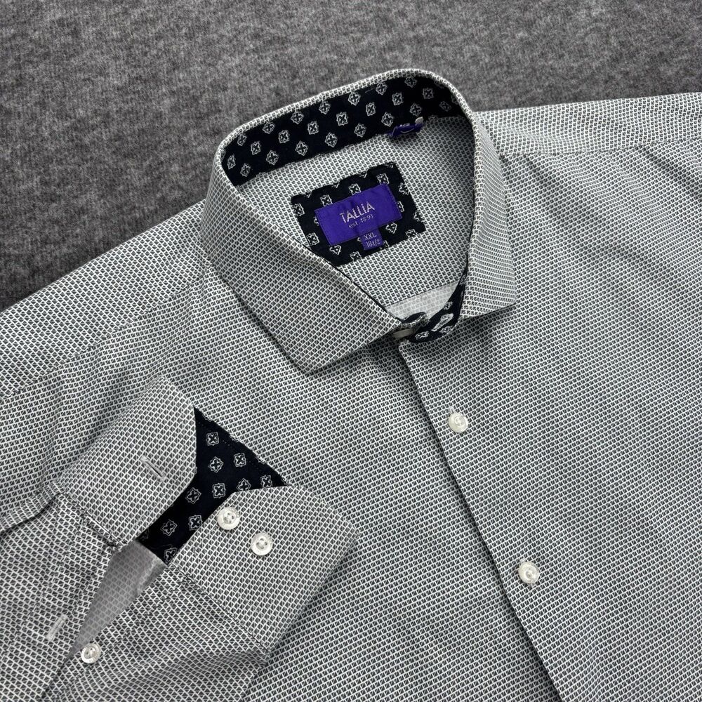 Tallia Mens XXL 18.5 Dress Shirt Black White Print 100% Cotton Long Sleeve